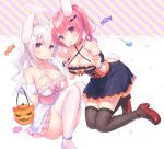  2girls :d animal_ears bare_shoulders black_choker black_dress blush breasts brown_legwear bunny_tail candy candy_wrapper choker claw_pose cleavage closed_mouth commentary_request criss-cross_halter detached_sleeves diagonal_stripes dress fang feet_out_of_frame fingernails food gloves hair_ornament halloween halloween_basket halterneck hands_up head_tilt heart high_heels holding kneeling large_breasts lollipop long_hair looking_at_viewer multiple_girls open_mouth original puffy_short_sleeves puffy_sleeves purple_footwear rabbit_ears red_eyes red_footwear redhead sakura_(usashiro_mani) shoes short_sleeves silver_hair sitting smile star striped swirl_lollipop tail thigh-highs usashiro_mani white_choker white_dress white_gloves white_legwear wing_hair_ornament 