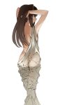  1girl ass breasts brown_hair earrings from_behind green_eyes hands_in_hair highres idolmaster idolmaster_cinderella_girls jewelry kinpun_(fgxdw447) long_hair naked_sheet shibuya_rin side_ponytail simple_background small_breasts solo standing white_background 