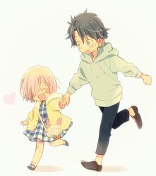  1boy 1girl bag black_hair blue_dress blue_eyes child closed_eyes command_spell dress fate_(series) fujimaru_ritsuka_(male) glasses hair_over_one_eye hand_holding handbag heart hood hoodie katagiri_atsuko lavender_hair mash_kyrielight open_mouth plaid plaid_dress running short_hair sweatdrop younger 