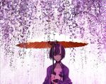  1girl bangs chef_no_kimagure_salad fate/grand_order fate_(series) flower japanese_clothes kimono looking_at_viewer oni oni_horns open_clothes open_kimono oriental_umbrella plant purple_hair purple_kimono short_hair shuten_douji_(fate/grand_order) smile umbrella upper_body vines violet_eyes wisteria 