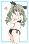  1girl :d anchovy ass bangs bikini black_bikini black_ribbon blue_border border commentary cropped_legs drill_hair ehime_mikan eyebrows_visible_through_hair from_side girls_und_panzer hair_ribbon heart long_hair looking_at_viewer looking_back open_mouth outside_border red_eyes ribbon side-tie_bikini smile solo swimsuit twin_drills twintails 