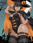  1girl alternate_costume bare_tree black_hair bren_(girls_frontline) candy cape commentary corset dark_skin eyebrows_visible_through_hair food food_themed_hair_ornament from_below girls_frontline hair_ornament halloween hat highres leotard lollipop long_hair looking_down moon orange_eyes pumpkin_hair_ornament rox silk skindentation solo spider_web strap thigh-highs thighs tree very_long_hair witch_hat 