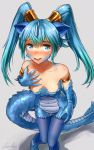  1girl animal_ears aqua_hair blue_eyes blue_hair blue_legwear claws collarbone commentary_request dragon_tail extra_ears eyebrows_visible_through_hair gradient_hair grey_background hair_between_eyes hand_on_own_chest highres horns kemono_friends long_hair looking_at_viewer monster_girl multicolored_hair pantyhose parted_lips scales seiryuu_(kemono_friends) signature simple_background solo tail twintails welt_(kinsei_koutenkyoku) 