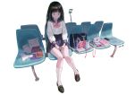  bangs black_hair blunt_bangs cellphone dithering highres long_hair miniskirt original phone pleated_skirt red_eyes reoen school_uniform seat selfie_stick serafuku sitting skirt smartphone thighs 