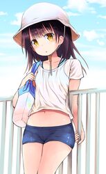  1girl bag blue_bra blue_shorts blue_sky blush bra brown_eyes brown_hair clouds cloudy_sky collarbone day fujisaka_lyric hand_up hat head_tilt long_hair midriff navel original outdoors parted_lips railing see-through shirt short_shorts short_sleeves shorts sky solo sports_bra underwear white_hat white_shirt 