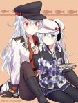  2girls alternate_costume belt black_footwear black_gloves black_legwear black_skirt blue_eyes blush boots breasts camouflage_jacket closed_mouth facial_scar fish flat_cap food gangut_(kantai_collection) gloves grey_hair hammer_and_sickle hat hibiki_(kantai_collection) jacket kabocha_torute kantai_collection long_hair looking_at_another medium_breasts military military_hat military_jacket multiple_girls pantyhose peaked_cap red_eyes red_shirt remodel_(kantai_collection) scar scar_on_cheek shirt silver_hair sitting skirt star twitter_username verniy_(kantai_collection) wariza white_jacket winter_clothes 