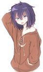  1girl :d absurdres arm_up bare_shoulders blush collarbone drawstring eyebrows_visible_through_hair fang gabriel_dropout hair_between_eyes hand_behind_head hand_in_pocket head_tilt highres hood hoodie looking_at_viewer messy_hair off_shoulder open_mouth piyomi purple_hair single_bare_shoulder smile solo tsukinose_vignette_april violet_eyes white_background zipper 