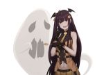  1girl alternate_costume bangs bat_hair_ornament belt blush bow breasts candy cero_(last2stage) eyebrows_visible_through_hair food frown ghost girls_frontline gloves hair_bow hair_ornament hair_ribbon hairband half_updo halloween highres holding holding_food large_breasts lollipop long_hair looking_at_viewer midriff navel one_side_up open_mouth pumpkin purple_hair red_eyes ribbon scratching_cheek shirt sidelocks simple_background skirt sleeveless sleeveless_shirt smile very_long_hair wa2000_(girls_frontline) white_background 