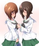 2girls bag bangs black_neckwear blouse blush brown_eyes brown_hair closed_eyes closed_mouth commentary_request dressing_another from_side girls_und_panzer green_skirt highres holding kuzuryuu_kennosuke long_sleeves looking_at_another miniskirt multiple_girls neckerchief nishizumi_maho nishizumi_miho ooarai_school_uniform pleated_skirt school_bag school_uniform serafuku short_hair siblings sisters skirt smile standing white_blouse 