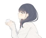  1girl bangs black_hair blue_eyes blush cardigan closed_mouth cup eyebrows_visible_through_hair from_side holding holding_cup looking_at_viewer profile seki_(l0410706268) simple_background solo ssss.gridman takarada_rikka white_background 