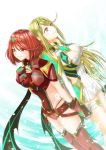  2girls an&#039;no_natsume bangs blonde_hair breasts cleavage cleavage_cutout covered_navel dress fingerless_gloves gloves hand_holding headpiece highres mythra_(xenoblade) pyra_(xenoblade) large_breasts long_hair multiple_girls nintendo red_eyes red_legwear red_shorts redhead ribbed_dress short_dress short_hair short_shorts shorts shoulder_armor smile swept_bangs thigh-highs thigh_strap tiara white_gloves xenoblade_(series) xenoblade_2 yellow_eyes 