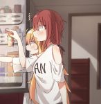  2girls alternate_hairstyle blonde_hair blush can clothes_writing commentary_request eyebrows_visible_through_hair from_side gabriel_dropout hair_ornament hairclip highres holding holding_can indoors kurumizawa_satanichia_mcdowell long_hair low_twintails multiple_girls open_mouth orange_hair piyomi refrigerator shirt short_sleeves sweatdrop tenma_gabriel_white twintails v-shaped_eyebrows very_long_hair violet_eyes white_shirt 