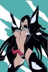  1girl black_hair blue_sky breasts clenched_hands clouds crossover highres kill_la_kill kiryuuin_satsuki living_clothes long_hair navel no_pupils open_mouth powflip sky spider-man_(series) thigh-highs tongue under_boob venom_(marvel) 