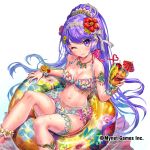  1girl ;) anklet armlet bangle bikini bracelet breasts cherry cleavage cocktail_umbrella company_name crazy_straw drink drinking_straw esphy floral_print flower flower_bikini food fruit hair_flower hair_ornament jewelry long_hair looking_at_viewer medium_breasts navel necklace official_art one_eye_closed pineapple_slice purple_hair sangoku_infinity smile swimsuit thighlet very_long_hair wading_pool 