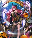  1girl ;d animal_ears bare_shoulders bare_tree black_dress black_gloves bow candle castle cross dress elbow_gloves fishnet_legwear fishnets full_body full_moon garter_straps ghost gloves holding holding_scythe jack-o&#039;-lantern long_hair moon neck_bell night night_sky official_art one_eye_closed open_mouth orange_bow outdoors pink_hair scythe shingoku_no_valhalla_gate single_thighhigh sky smile solo standing thigh-highs thigh_strap tob tombstone tree very_long_hair 