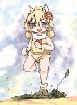  1girl :d alpaca_ears alpaca_suri_(kemono_friends) alternate_hairstyle animal_ears bare_arms bare_shoulders blonde_hair boots commentary extra_ears flower full_body fur_collar grey_eyes hair_between_eyes hair_flower hair_ornament highres horizontal_pupils kemono_friends long_hair looking_at_viewer open_mouth poladora running sleeveless smile solo younger 