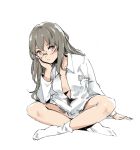  1girl breasts brown_eyes center_opening chin_rest collared_shirt dress_shirt futaba_rio glasses grey_hair highres indian_style long_hair long_sleeves looking_at_viewer medium_breasts naked_shirt no_bra open_clothes open_shirt relaxjon seishun_buta_yarou shirt sitting sketch socks solo white_background white_legwear white_shirt 