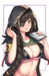  1girl alcohol armband bangs bikini black_bikini black_hair blonde_hair blush braid breasts cenangam character_name eyepatch floating_heart girls_frontline hand_up holding_flask hood hood_up hooded_jacket jacket large_breasts licking_lips long_hair looking_at_viewer m16a1_(girls_frontline) mole mole_on_breast mole_under_eye multicolored_hair navel outside_border pouring scar scar_across_eye scarf single_braid smile stomach streaked_hair swimsuit tank_top_lift tattoo toned tongue tongue_out unzipped upper_body 