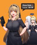 3girls :3 :d ? ak-12_(girls_frontline) an-94_(girls_frontline) an-94_(girls_frontline)_(cosplay) backless_dress backless_outfit bag bangs bare_shoulders belt black_dress black_gloves black_hairband black_ribbon blonde_hair blue_eyes blush braid breast_envy breasts brown_hair cain_(gunnermul) character_name cosplay covering_face cowboy_shot dress ear_blush eyebrows_visible_through_hair flat_chest girls_frontline gloves hair_between_eyes hair_ribbon hairband hand_on_hip handbag hands_on_own_chest hands_up highres holding holding_bag ithaca_m37_(girls_frontline) jewelry large_breasts long_hair looking_at_viewer multiple_girls necklace open_mouth orange_background orange_eyes parted_lips ribbon short_sleeves sidelocks simple_background smile sparkle spoken_question_mark trembling v-shaped_eyebrows very_long_hair white_hair 