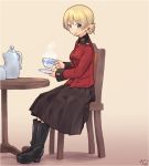  1girl adapted_uniform artist_name bangs black_footwear black_skirt blonde_hair blue_eyes boots commentary cup darjeeling dated emblem epaulettes eyebrows_visible_through_hair from_side girls_und_panzer holding jacket long_sleeves medium_skirt military military_uniform open_mouth pleated_skirt red_jacket saucer short_hair signature sitting skirt smile solo st._gloriana&#039;s_military_uniform steam table teacup teapot tessaku_ro tied_hair uniform wooden_chair wooden_table 