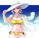  1girl adjusting_clothes adjusting_hat bikini braid breasts chaldea_lifesavers cleavage clouds fate/grand_order fate_(series) florence_nightingale_(fate/grand_order) hat jewelry large_breasts long_hair motomiya_mitsuki navel necklace red_eyes shirt shirt_on_shoulders side-tie_bikini signature sky smile solo sun_hat swimsuit under_boob white_hair white_hat white_shirt yellow_bikini 