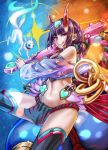  1girl :q abazu-red black_legwear club commentary_request eyeliner fate/grand_order fate_(series) fox gourd hair_bobbles hair_ornament holding japanese_clothes loincloth long_hair looking_at_viewer makeup navel oni_horns purple_hair shuten_douji_(fate/grand_order) sky smile spiked_club star_(sky) starry_sky thigh-highs tongue tongue_out violet_eyes weapon wide_sleeves 