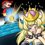  1boy 1girl black_dress blonde_hair blue_eyes blush bowsette bracelet breasts brooch cleavage coin collar commentary covering_face dress embarrassed frown gameplay_mechanics hands_on_own_face horns jewelry kogane_(staygold) large_breasts light_rays long_hair lowres mario super_mario_bros. new_super_mario_bros._u_deluxe nintendo one_eye_closed open_mouth sharp_teeth spiked_bracelet spiked_collar spikes strapless strapless_dress super_crown super_mario_bros. teeth 