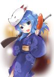  1girl absurdres blue_eyes blue_hair food gun hair_bun highres japanese_clothes kantai_collection kimono long_hair looking_at_viewer obi on_shoulder open_mouth rifle sash sausage smile solo taisinkoku trigger_discipline urakaze_(kantai_collection) weapon wide_sleeves yukata 