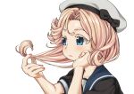 1girl bangs blue_eyes blue_sailor_collar closed_mouth harukaze_unipo hat head_rest holding holding_hair janus_(kancolle) kantai_collection nail_polish red_nails sailor_collar short_hair short_sleeves simple_background solo upper_body white_background white_headwear 