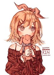  1girl artist_name baggy_clothes bangs blonde_hair blush bow collarbone grey_eyes hair_bow hair_ornament hair_ribbon hairclip half-closed_eyes highres kagamine_rin looking_away rabbit ribbed_sweater ribbon scarf short_hair shoulders simple_background strap stuffed_animal stuffed_bunny stuffed_toy sweater user_xkew2474 vocaloid white_background 