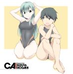  2girls aqua_eyes aqua_hair bangs barefoot black_hair black_swimsuit character_name competition_swimsuit covered_navel full_body green_eyes hair_ornament hairclip kantai_collection kneeling long_hair mogami_(kantai_collection) multiple_girls one-piece_swimsuit seiza short_hair sitting souji suzuya_(kantai_collection) swept_bangs swimsuit two-tone_background white_background yellow_background 