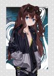  1girl black_shirt blue_eyes breasts brown_hair cleavage collarbone commentary_request eyewear_on_head hands_in_pockets highres jacket jewelry long_hair looking_at_viewer luicent necklace original pants shirt solo sunglasses two-tone_jacket 