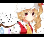  1girl ascot bangs blonde_hair breasts commentary_request crystal eyebrows_visible_through_hair flandre_scarlet hair_between_eyes hat hat_ribbon highres letterboxed long_hair looking_at_viewer medium_breasts mob_cap one_side_up pointy_ears puffy_short_sleeves puffy_sleeves red_eyes red_ribbon red_vest ribbon shiki_(s1k1xxx) shirt short_sleeves simple_background smile solo touhou upper_body vest white_background white_hat white_shirt wings yellow_neckwear 
