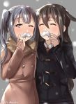  2girls bangs black_coat blurry blush brown_coat brown_hair buttons closed_eyes coat commentary_request crossed_bangs depth_of_field double-breasted duffel_coat eyebrows_visible_through_hair fake_facial_hair fake_mustache fur_collar grey_background grey_hair hair_between_eyes hand_up hatsushimo_(kantai_collection) holding juurouta kantai_collection kasumi_(kantai_collection) long_hair long_sleeves looking_at_viewer multiple_girls one_eye_closed outdoors pocket raised_eyebrows snowing upper_body winter winter_clothes winter_coat 