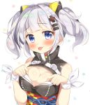  1girl :p bangs black_dress blue_eyes blush breasts cleavage cleavage_cutout d-pad d-pad_hair_ornament dress gau_(n00_shi) hair_ornament hairclip high_collar highres kaguya_luna kaguya_luna_(character) large_breasts long_hair looking_at_viewer obi ribbon sash silver_hair sleeveless sleeveless_dress solo tongue tongue_out twintails virtual_youtuber white_ribbon wrist_ribbon x_hair_ornament 