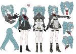  absurdres aqua_hair bags_under_eyes boots bow character_sheet closed_mouth drill_hair gloves hair_down hair_over_one_eye high_heels highres loalo long_hair maid maid_headdress necktie original pointy_ears red_eyes simple_background skirt strap white_background 