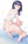  1girl ass back bangs barefoot black_bra black_hair blue_eyes bra breasts butt_crack feet highres hips kneeling legs long_hair looking_at_viewer looking_back miazi parted_lips see-through shirt short_sleeves small_breasts solo ssss.gridman swept_bangs takarada_rikka thighs underwear water wet wet_clothes wet_shirt white_background white_bikini_bottom white_shirt 