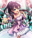  1girl :d black_hair blue_eyes bracelet choker corset detached_sleeves dress earrings fang floating_hair flower ganaha_hibiki hair_between_eyes hair_ribbon halterneck highres holding holding_flower idol idolmaster idolmaster_(classic) jewelry layered_dress long_hair looking_at_viewer open_mouth outstretched_arm petals pink_ribbon pleated_dress ponytail ribbon ribbon_choker shiny shiny_hair short_dress short_sleeves shuu@maihikuboshuchu sleeveless sleeveless_dress smile solo stage standing very_long_hair white_dress 