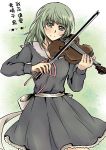  1girl absurdres bangs blush bow_(instrument) chinese commentary_request cowboy_shot dress eyebrows_visible_through_hair fei_cai_xiao_r flowers_(innocent_grey) green_eyes green_hair highres holding instrument long_hair long_sleeves looking_at_viewer mole mole_on_neck music playing_instrument red_ribbon ribbon school_uniform smile solo standing takasaki_chidori translation_request violin white_ribbon 