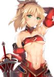  1girl abs armpits bandeau bare_shoulders blonde_hair breasts clarent fate/apocrypha fate_(series) gloves green_eyes highres long_hair looking_at_viewer midriff mordred_(fate) mordred_(fate)_(all) navel planted_sword planted_weapon ponytail red_gloves shiba_nanasei shiny shiny_hair simple_background small_breasts solo sword toned under_boob weapon white_background 