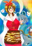  2girls animal_ears basket black_hair black_ribbon blonde_hair breasts buck_teeth capelet cleavage cowboy_shot grey_hair hakkasame heart height_difference highres hug large_breasts long_sleeves looking_at_another mouse mouse_ears mouse_tail multicolored_hair multiple_girls nazrin one_eye_closed red_eyes ribbon shawl short_hair spoken_heart streaked_hair tail tiger_ears toramaru_shou touhou yellow_eyes yuri 