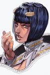  1boy bangs black_hair blue_eyes blunt_bangs bob_cut bruno_buccellati bruno_bucciarati from_side hair_ornament hairclip hand_up hankuri jojo_no_kimyou_na_bouken male_focus medium_hair parted_lips solo upper_body vento_aureo white_background zipper 