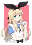  1girl :3 alice_(wonderland) alice_in_wonderland apron black_bow black_hairband blonde_hair blue_dress blush bow closed_mouth commentary_request cup dress fingernails green_eyes hair_bow hairband hand_up highres holding huge_bow long_hair looking_at_viewer mononobe_alice nekoume nijisanji pink_background puffy_short_sleeves puffy_sleeves short_sleeves simple_background smile solo teacup upper_body virtual_youtuber 