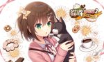  1girl :o animal bangs blush bow brown_hair cat chinese coffee collared_shirt commentary_request cookie cup eyebrows_visible_through_hair fingernails flower food green_eyes hair_between_eyes hair_bow hair_ornament hitsuki_rei holding holding_animal holding_cat hood hood_down hooded_jacket jacket long_sleeves looking_away open_clothes open_jacket original parted_lips pink_jacket red_ribbon ribbon saucer shirt sleeves_past_wrists solo spoon teacup translation_request two_side_up upper_body white_background white_flower white_shirt yellow_bow 