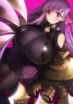  1girl :o bangs bare_shoulders black_bodysuit blunt_bangs blush bodysuit breasts claws commentary_request fate/extra fate/extra_ccc fate_(series) hair_ribbon highres huge_breasts long_hair looking_at_viewer o-ring o-ring_top pantyhose passion_lip pink_background pink_ribbon purple_hair ribbon shiba_nanasei skirt solo striped vertical-striped_skirt vertical_stripes very_long_hair violet_eyes 