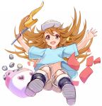  1girl :d bizure: black_footwear blue_shirt boots brown_eyes brown_hair flag floating_hair full_body hataraku_saibou highres holding holding_flag long_hair looking_at_viewer open_mouth outstretched_arm platelet_(hataraku_saibou) shirt short_shorts short_sleeves shorts simple_background smile solo very_long_hair white_background white_hair white_shorts 