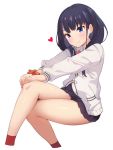  1girl black_hair black_skirt blue_eyes cardigan hands_on_own_knee heart highres jehyun legs legs_crossed long_hair miniskirt red_footwear school_uniform scrunchie shirt simple_background sitting skirt smile socks solo ssss.gridman takarada_rikka thighs white_background white_cardigan white_shirt wrist_scrunchie 