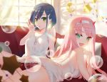  2girls :d aqua_eyes arm_support ass bare_arms bare_shoulders blue_hair blurry blurry_foreground blush breasts bubble_blowing camisole collarbone commentary_request couch crescent darling_in_the_franxx day depth_of_field fang frills green_eyes hair_ornament hairband hairclip hand_up highres holding ichigo_(darling_in_the_franxx) indoors lace lace_panties lipstick long_hair looking_at_viewer looking_back lying makeup medium_breasts multiple_girls on_couch on_stomach open_mouth panties pillow pink_hair pink_lips red_panties ringed_eyes short_hair sideboob sitting smile soap_bubbles star strapless sunlight underwear underwear_only very_long_hair waterring white_hairband window zero_two_(darling_in_the_franxx) 