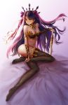  1girl armlet bed_sheet black_bra black_legwear bow bra breasts bridal_gauntlets choker cleavage fate/grand_order fate_(series) floating_hair full_body hair_bow hair_ornament hand_on_hilt highres ishtar_(fate/grand_order) long_hair medium_breasts navel purple_bow purple_hair sitting solo striped striped_bra sword thigh-highs thighlet underwear very_long_hair weapon yellow_eyes yuzuriha 