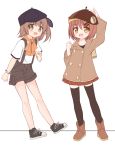  2girls :d arm_up bangs beret black_footwear black_hat blush boots brown_eyes brown_footwear brown_hair brown_hat brown_jacket brown_legwear brown_shorts eyebrows_visible_through_hair flat_cap hair_between_eyes hair_ornament hairclip hand_on_headwear hat jacket long_sleeves looking_at_viewer multiple_girls one_side_up open_mouth original pleated_skirt red_skirt shirt shoes short_sleeves shorts skirt smile standing standing_on_one_leg suspender_shorts suspenders thigh-highs thighhighs_under_boots white_background white_shirt yuuhagi_(amaretto-no-natsu) 